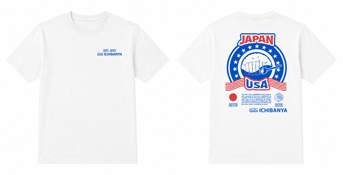 White short-sleeve T-shirt shown from the front and back on a light gray background. The front has small blue text on the left chest reading 'EST 1978 CoCo Ichibanya'.