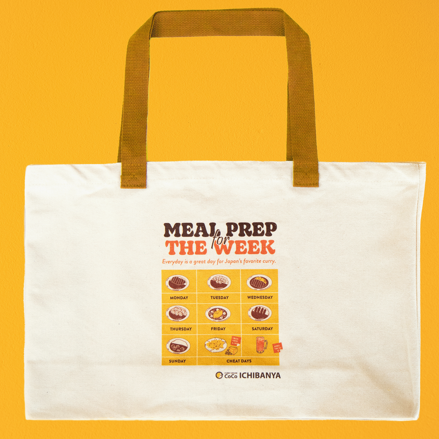 Tote bag with 'Meal Prep the Week' design on a yellow background
